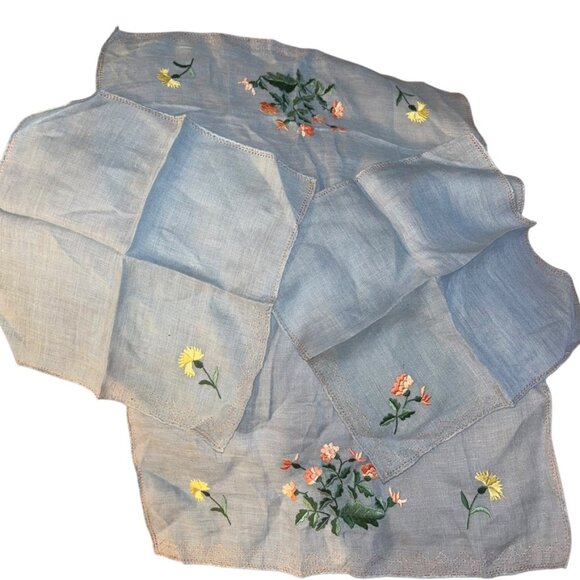Vintage LINEN blue embroidered flowers Tea for two 1 towel 2 cocktail napkins - Picture 1 of 4